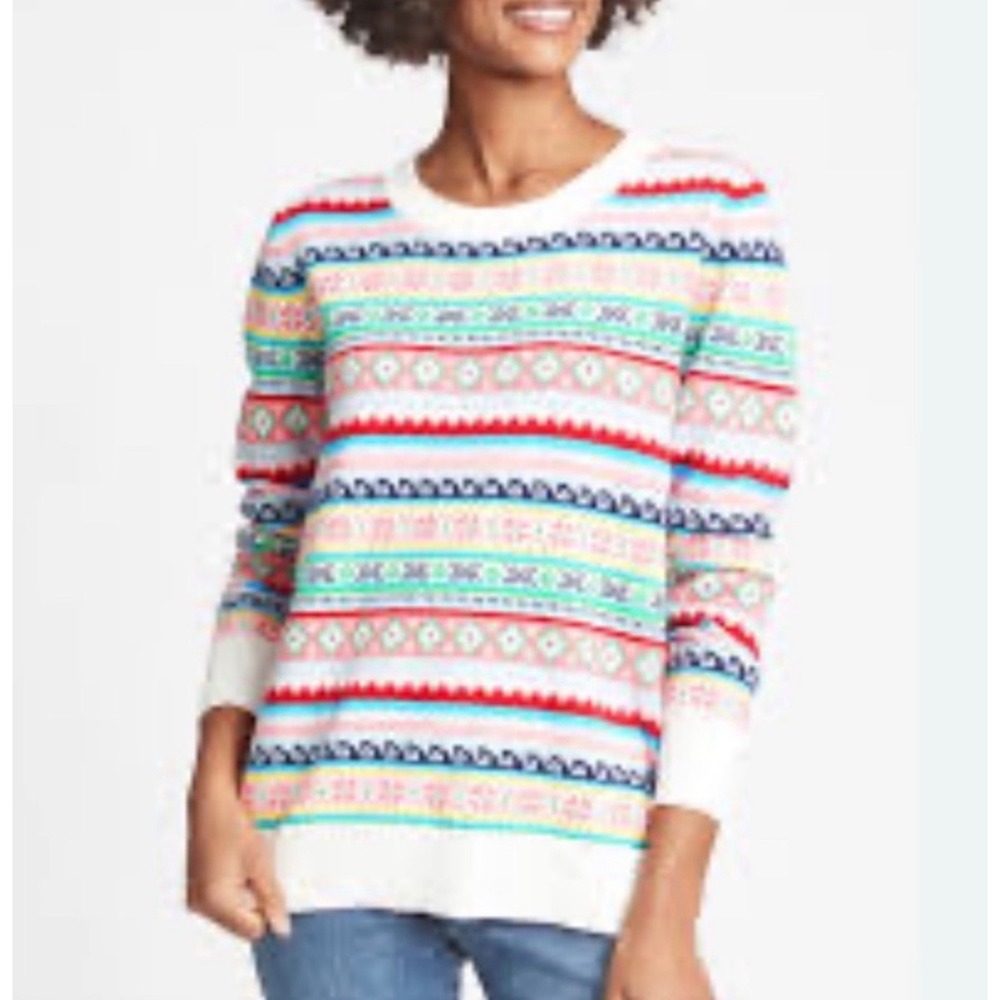 Gap Women Cotton Sweater White Fair Isle Geometric Knit Crewneck L